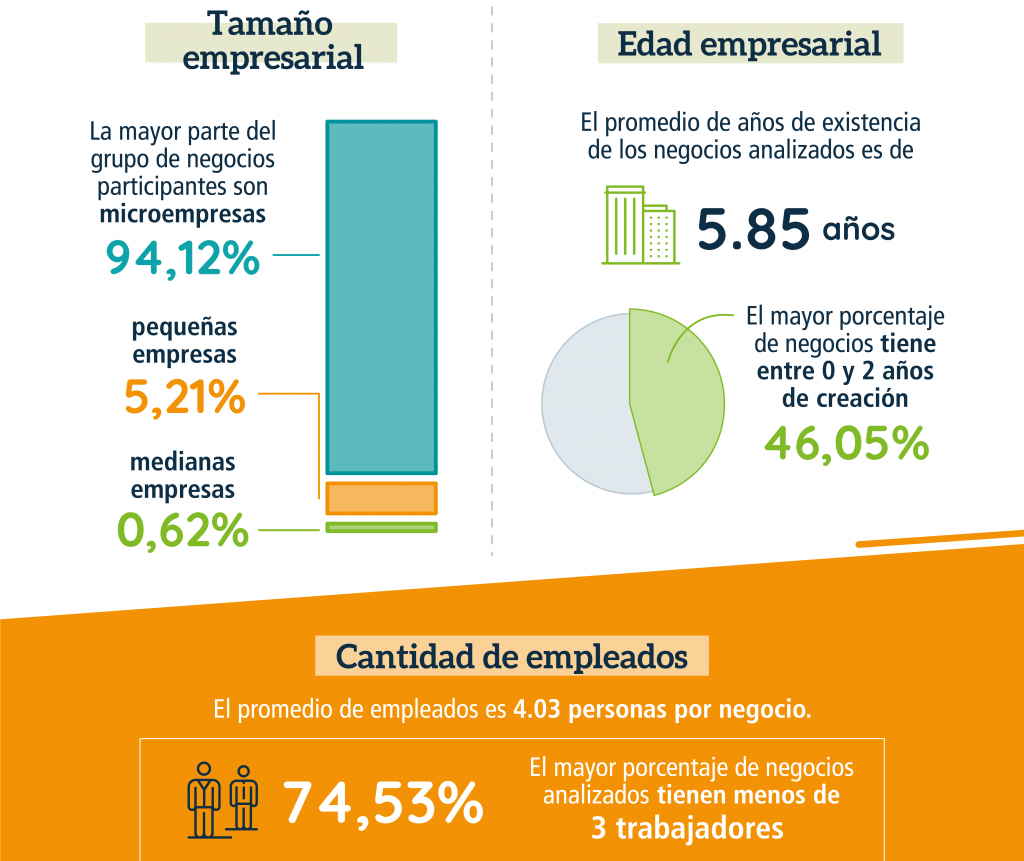 DistribuciÃ³n segÃºn tamaÃ±o, edad y cantidad de empleados de negocios de 7.043 mujeres emprendedoras en Colombia